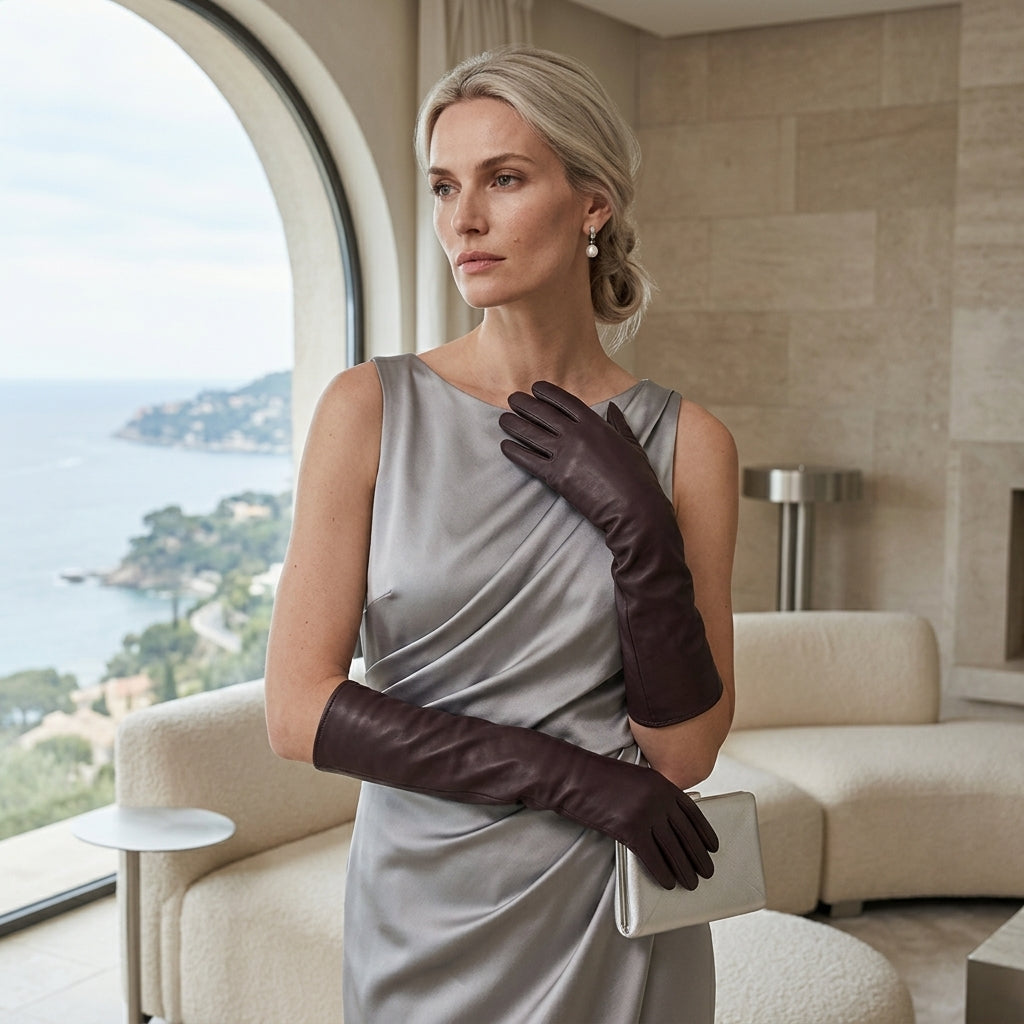 Leonora (dark brown) - Italian "8 button length" cashmere lined leather gloves - Glamourous Grace