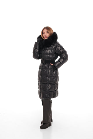 Cyrus Genuine Fur Trim Down Fill Coat in Black