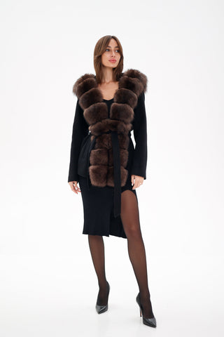 Genuine Polar Fox Fur Hooded Virgin Wool Coat