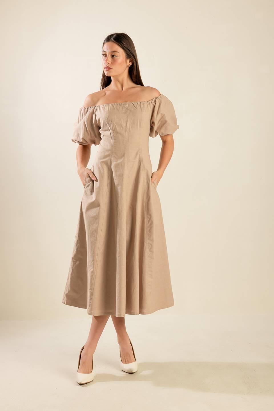 PROTECTING MY PEACE TAUPE WOVEN MIDI DRESS - Glamourous Grace