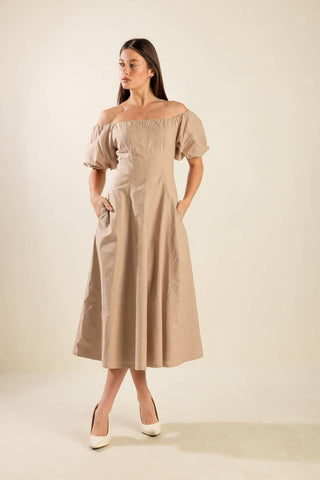 PROTECTING MY PEACE TAUPE WOVEN MIDI DRESS - Glamourous Grace