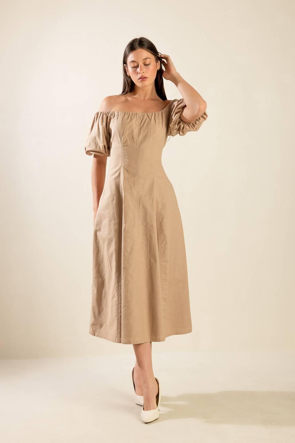 PROTECTING MY PEACE TAUPE WOVEN MIDI DRESS - Glamourous Grace