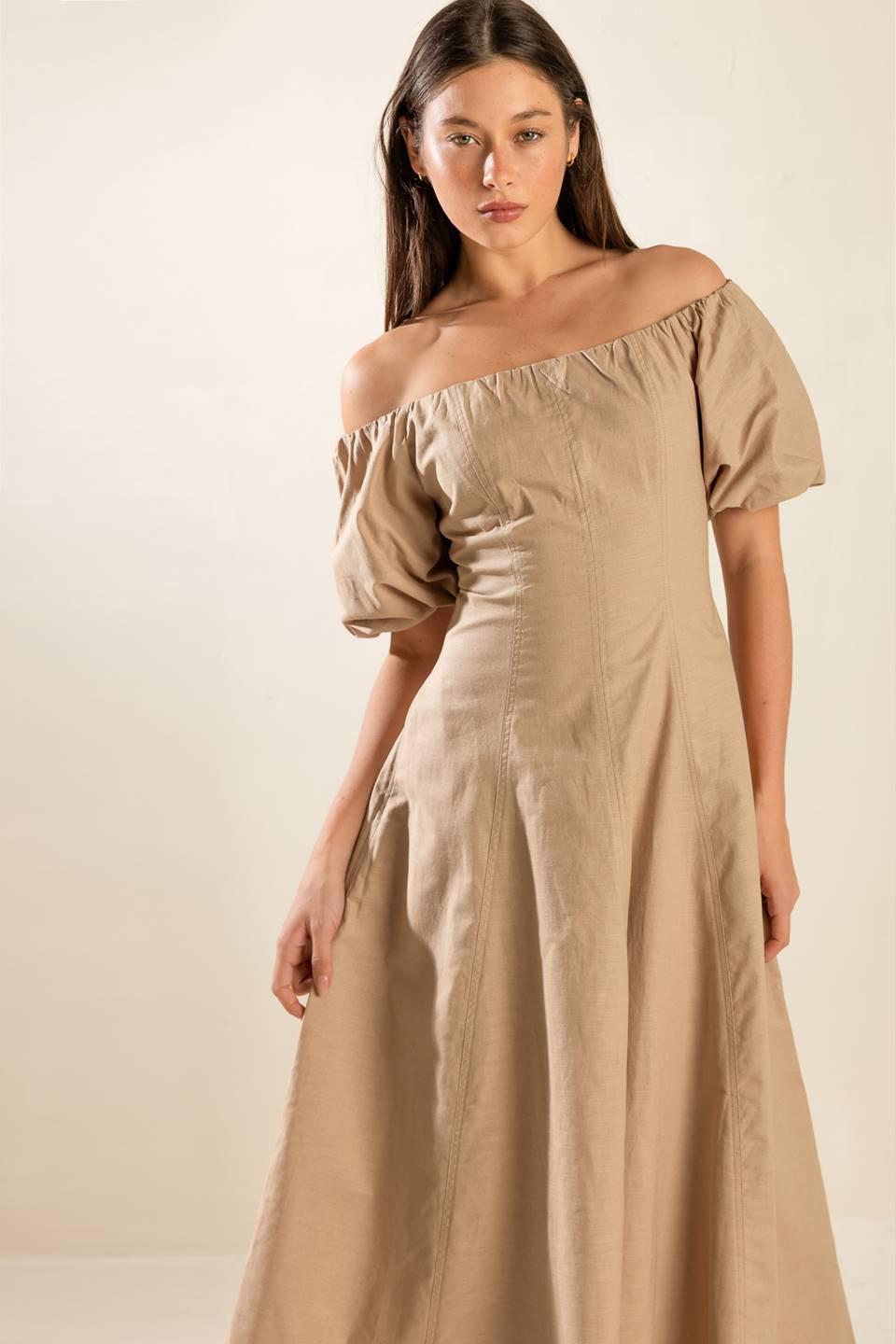 PROTECTING MY PEACE TAUPE WOVEN MIDI DRESS - Glamourous Grace