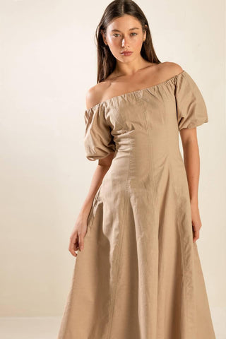 PROTECTING MY PEACE TAUPE WOVEN MIDI DRESS - Glamourous Grace