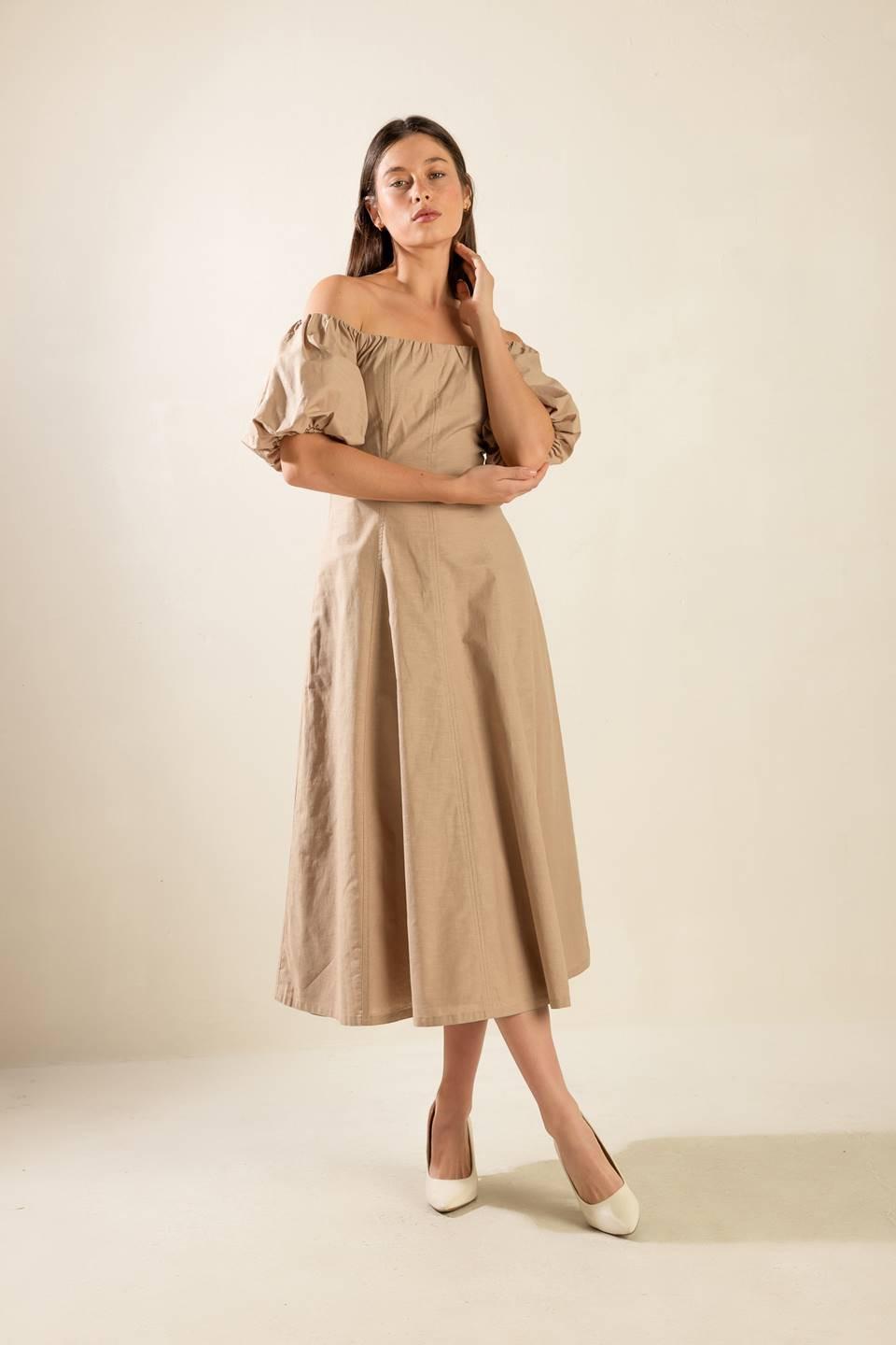 PROTECTING MY PEACE TAUPE WOVEN MIDI DRESS - Glamourous Grace