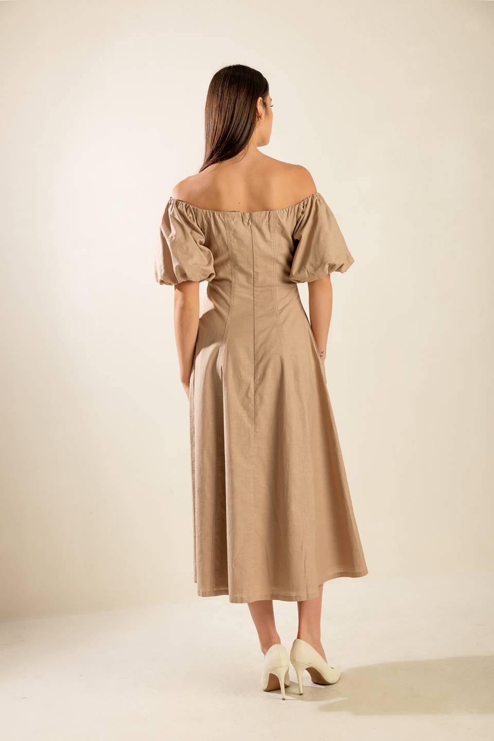 PROTECTING MY PEACE TAUPE WOVEN MIDI DRESS - Glamourous Grace
