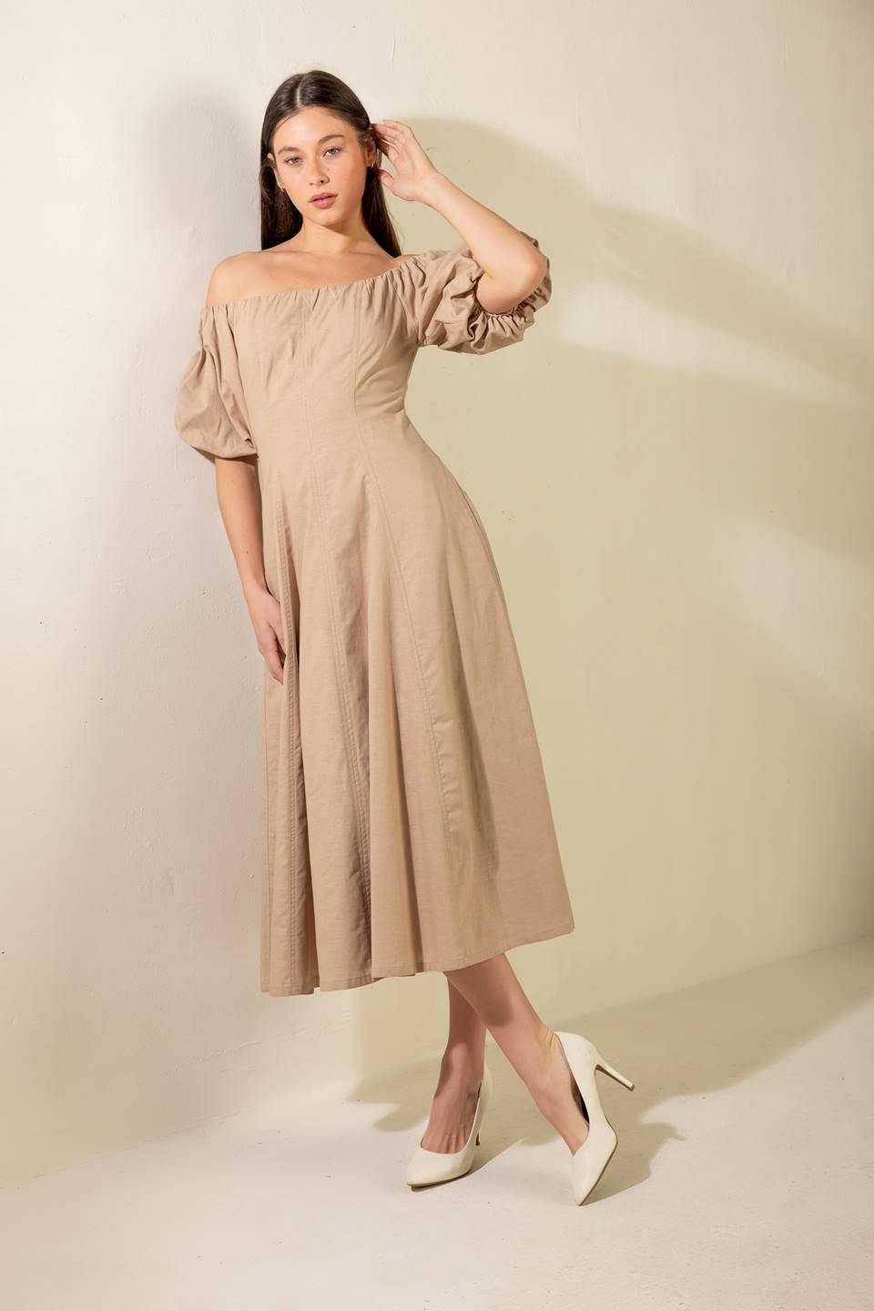 PROTECTING MY PEACE TAUPE WOVEN MIDI DRESS - Glamourous Grace