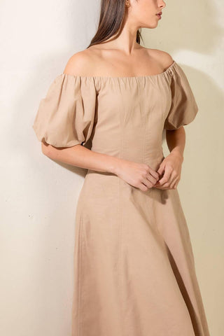 PROTECTING MY PEACE TAUPE WOVEN MIDI DRESS - Glamourous Grace