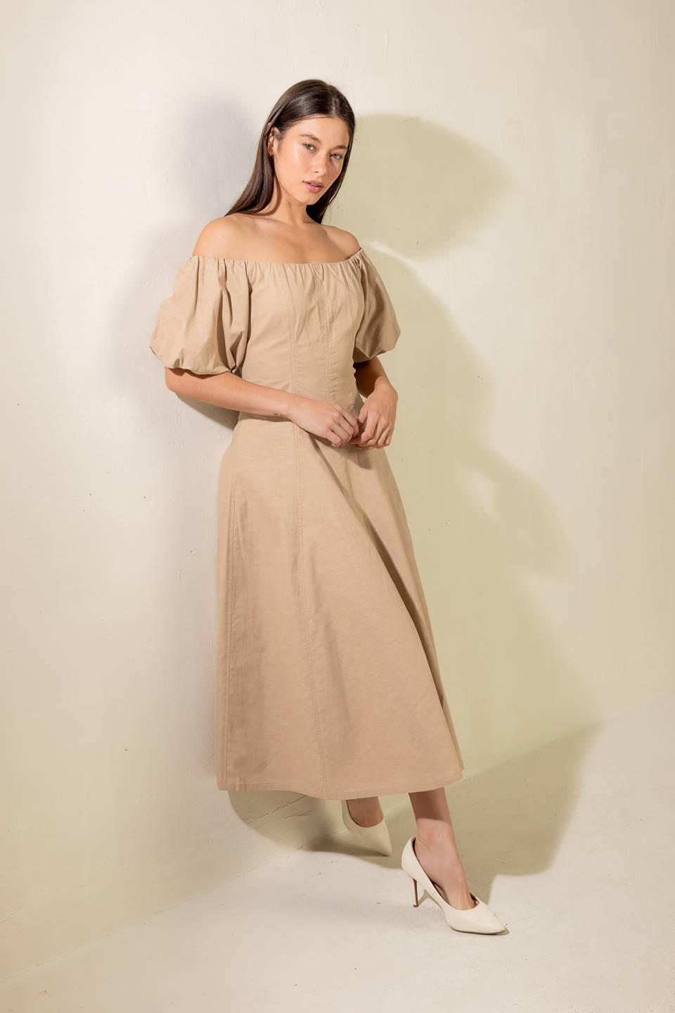 PROTECTING MY PEACE TAUPE WOVEN MIDI DRESS - Glamourous Grace