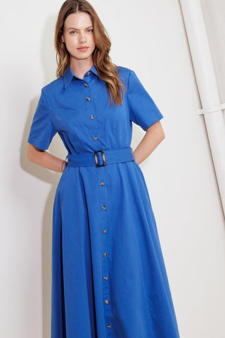 Flying Tomato Lucky Me woven midi dress in blue, showcasing its stylish, comfortable design with a fitted bodice and flowing skirt.