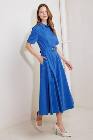 Flying Tomato Lucky Me woven midi dress in blue, featuring a stylish, comfortable design with intricate woven fabric details.