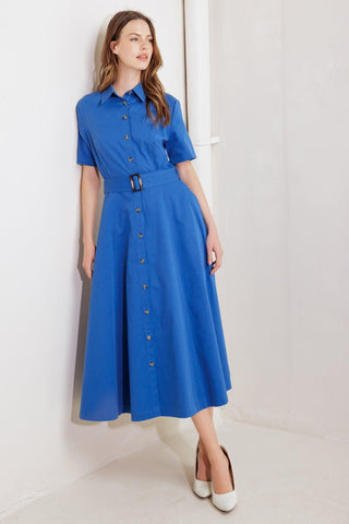Flying Tomato Lucky Me woven midi dress in blue, showcasing its stylish design and lightweight fabric.