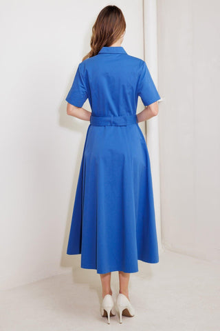 Flying Tomato Lucky Me woven midi dress in blue, with a relaxed fit and stylish design, perfect for casual wear.