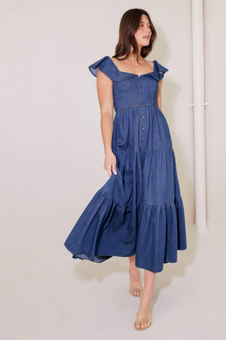 ONCE UPON A TIME DENIM BLUE MIDI DRESS - Glamourous Grace