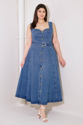 PRETTIEST BEHAVIOR DENIM MIDI DRESS - Glamourous Grace
