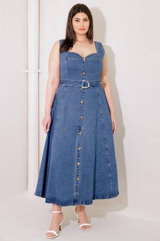 PRETTIEST BEHAVIOR DENIM MIDI DRESS - Glamourous Grace