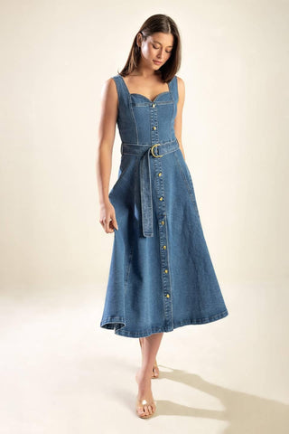 PRETTIEST BEHAVIOR DENIM MIDI DRESS - Glamourous Grace