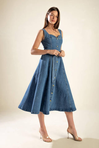 PRETTIEST BEHAVIOR DENIM MIDI DRESS - Glamourous Grace