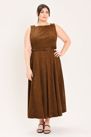AMBER TOBACCO FAUX SUEDE MIDI DRESS