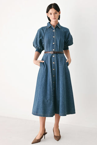 DIVIDE AND CONTOUR DENIM MIDI DRESS