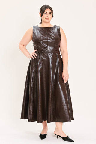 DARK TRUFFLE FAUX LEATHER MIDI DRESS - Glamourous Grace