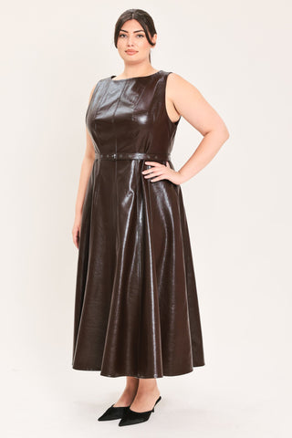 DARK TRUFFLE FAUX LEATHER MIDI DRESS