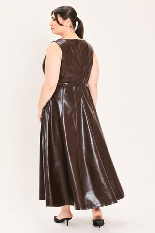 DARK TRUFFLE FAUX LEATHER MIDI DRESS