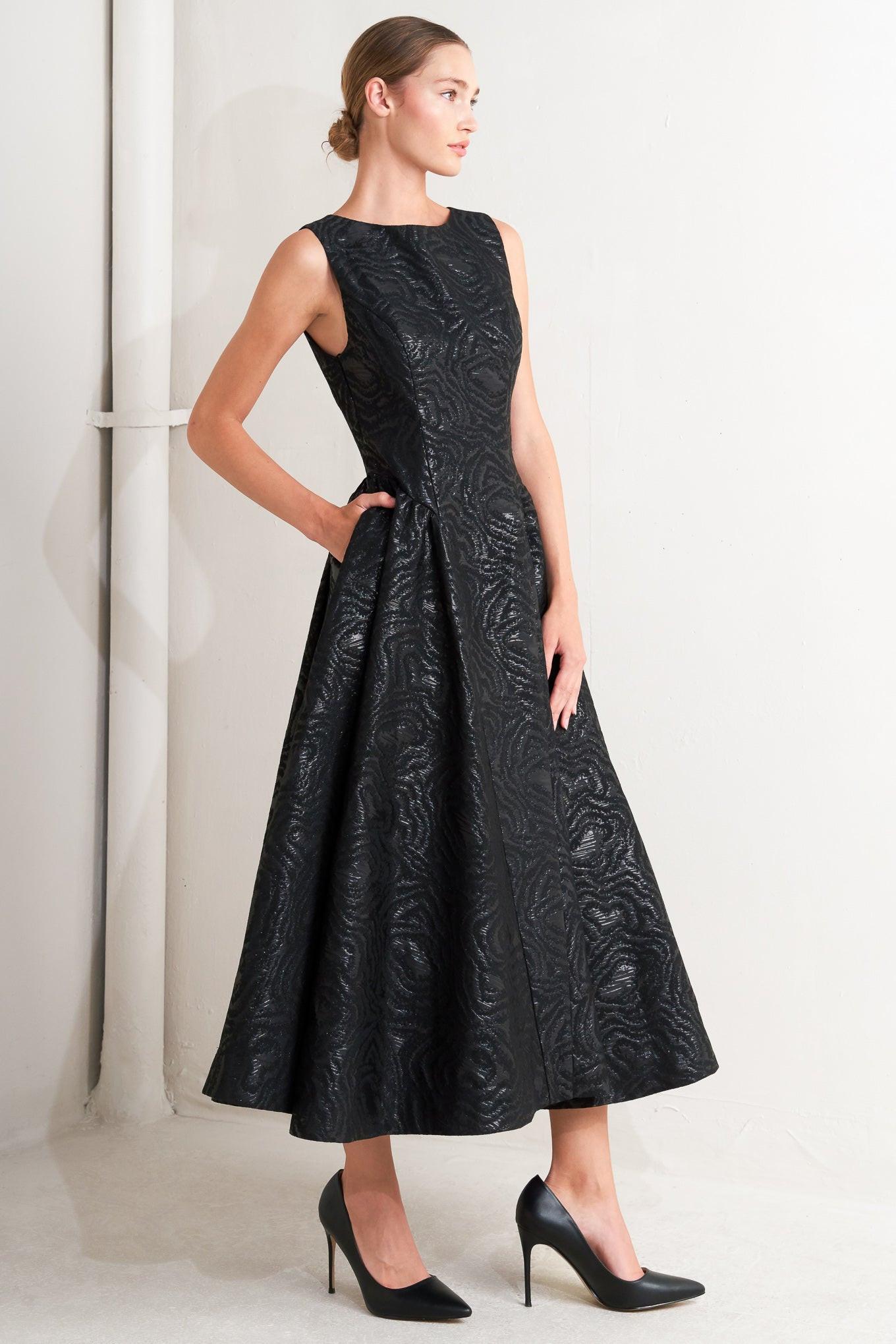 CHECK YOURSELF BLACK WOVEN MIDI DRESS - Glamourous Grace