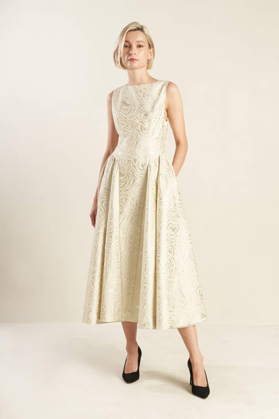 CHECK YOURSELF CHAMPAGNE WOVEN MIDI DRESS - Glamourous Grace