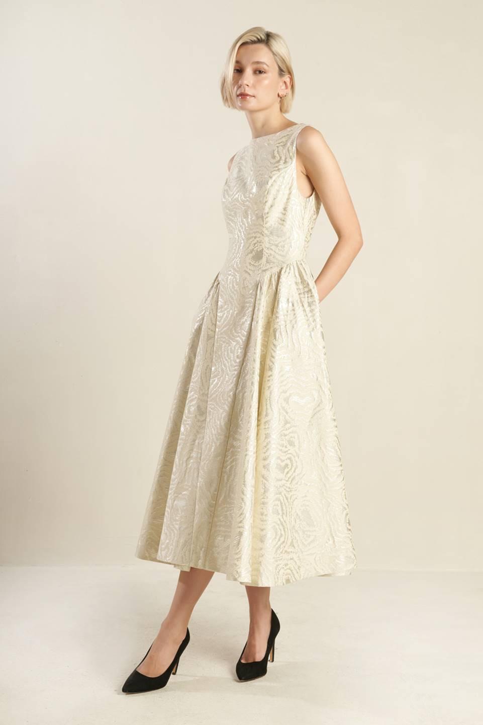 CHECK YOURSELF CHAMPAGNE WOVEN MIDI DRESS - Glamourous Grace
