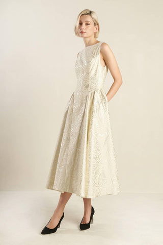 CHECK YOURSELF CHAMPAGNE WOVEN MIDI DRESS - Glamourous Grace