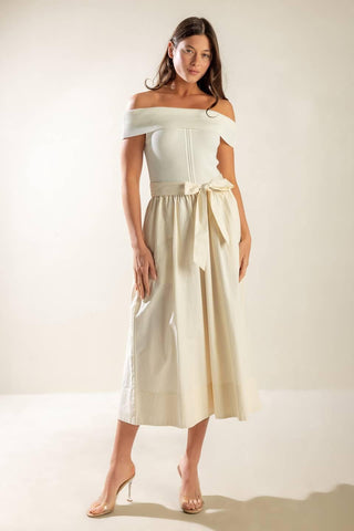 SOCIAL SEASON  OFF SHOULDER MIDI DRESS - Glamourous Grace