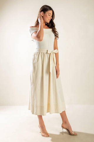 SOCIAL SEASON  OFF SHOULDER MIDI DRESS - Glamourous Grace