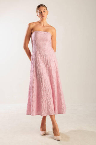 Flying Tomato pink woven midi dress with a relaxed fit, featuring a stylish sleeveless design and lightweight fabric.