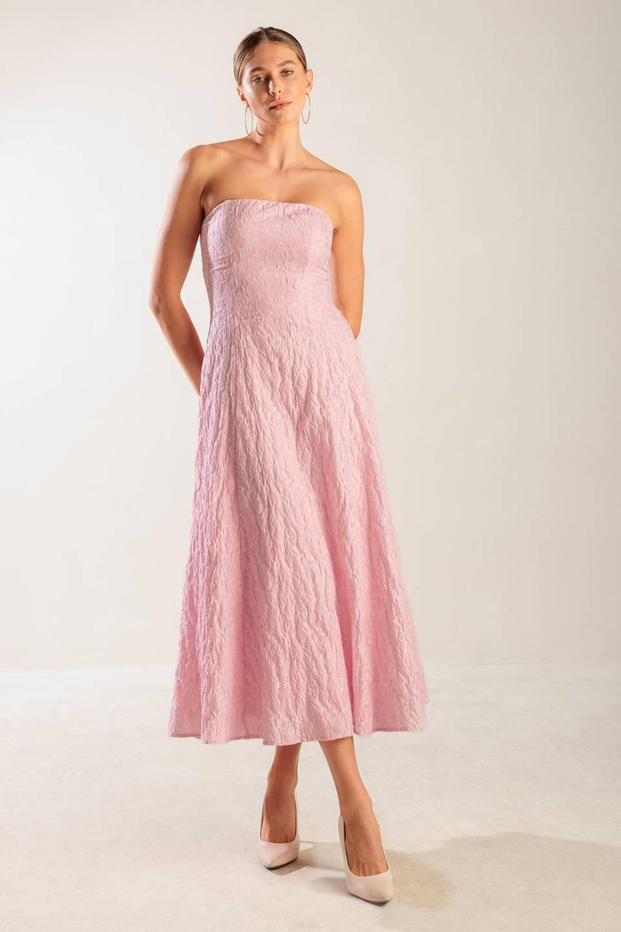 ROLL WITH IT PINK WOVEN MIDI DRESS - Glamourous Grace
