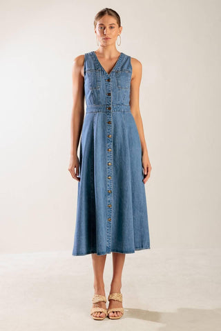 THE JOURNEY BEGINS BLUE DENIM MIDI DRESS - Glamourous Grace