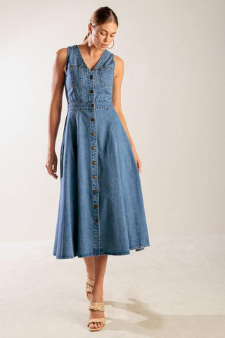 THE JOURNEY BEGINS BLUE DENIM MIDI DRESS - Glamourous Grace