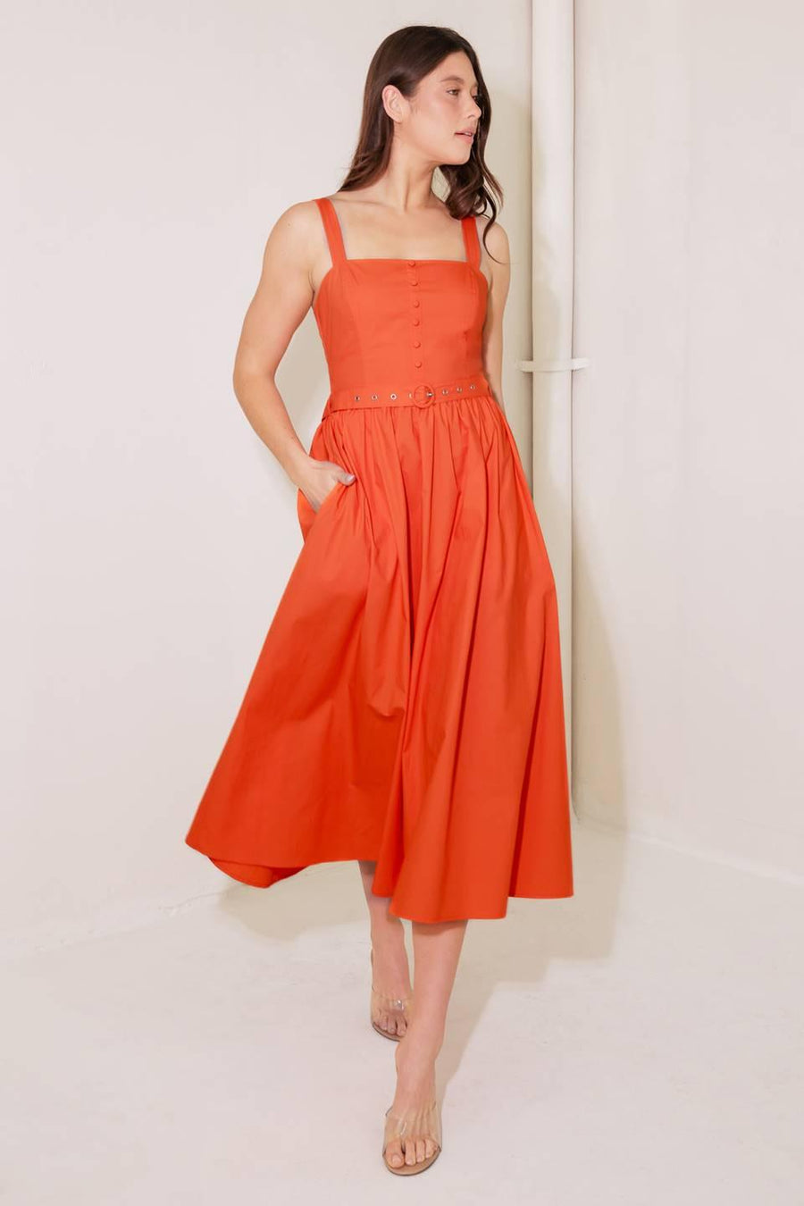NO TIMELINE TOMATO WOVEN MIDI DRESS - Glamourous Grace