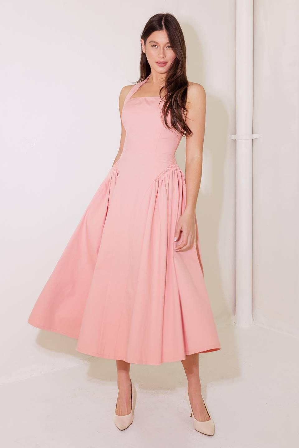 CAUGHT IN THE RAIN PINK WOVEN MIDI DRESS - Glamourous Grace