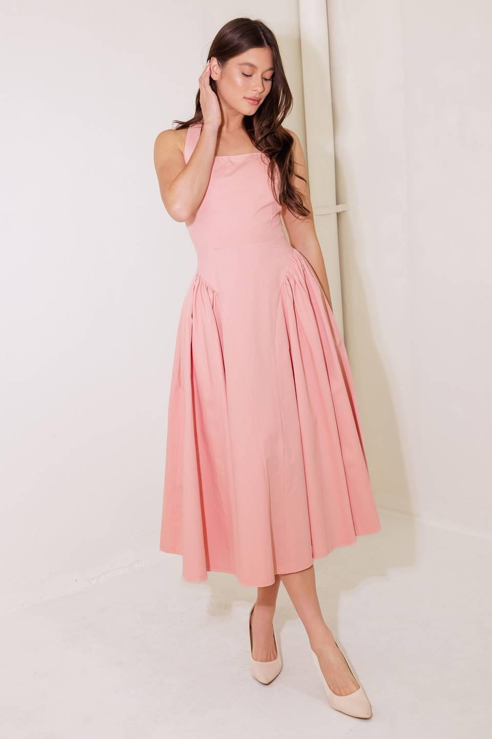 CAUGHT IN THE RAIN PINK WOVEN MIDI DRESS - Glamourous Grace