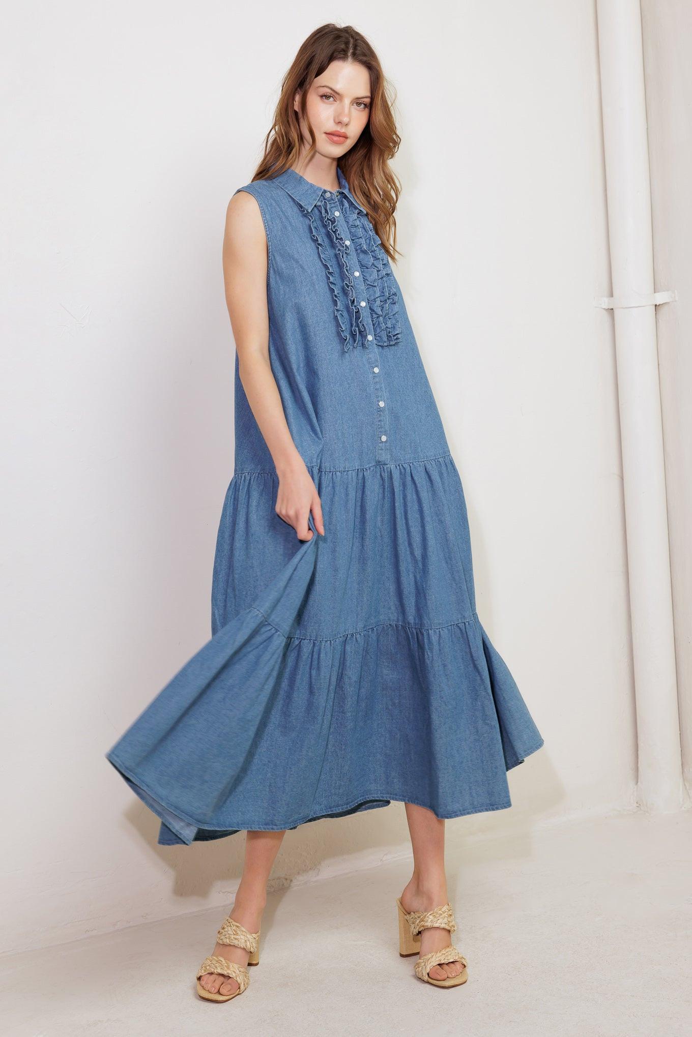 PETALS FALLING SLOWLY DENIM MIDI DRESS - Glamourous Grace