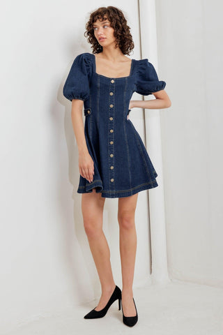 PUFF & PLAY DENIM MINI DRESS - Glamourous Grace