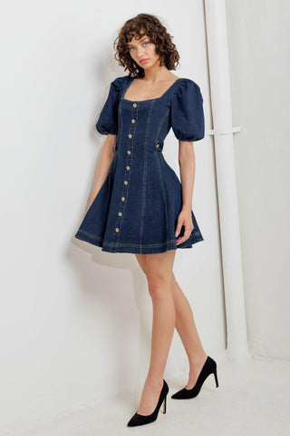 PUFF & PLAY DENIM MINI DRESS - Glamourous Grace