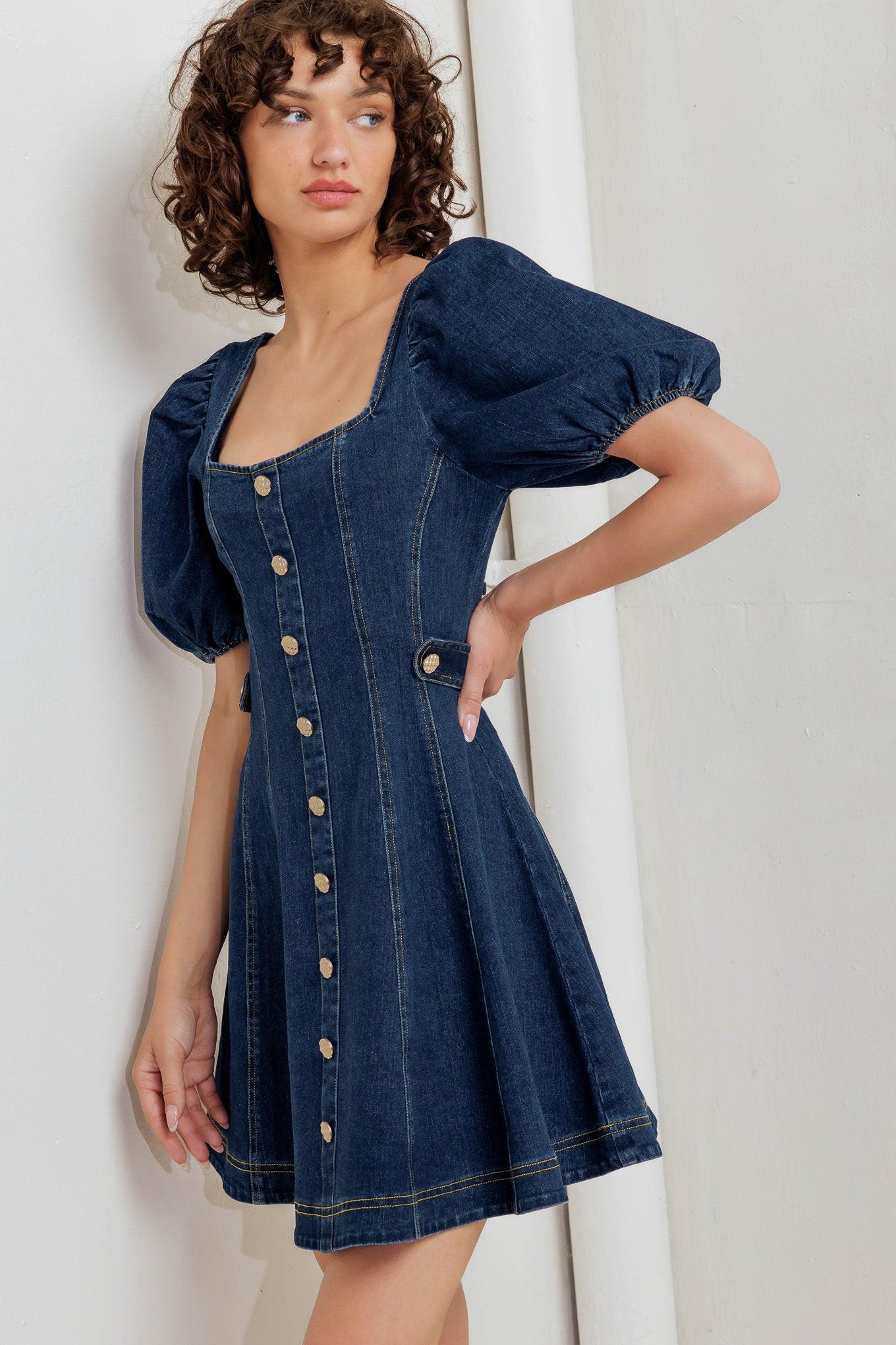 PUFF & PLAY DENIM MINI DRESS - Glamourous Grace