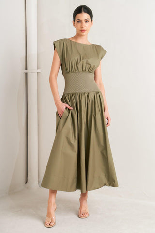DREAMWEAVER ROMANTIC OLIVE WOVEN MIDI DRESS - Glamourous Grace