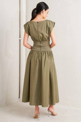 DREAMWEAVER ROMANTIC OLIVE WOVEN MIDI DRESS - Glamourous Grace
