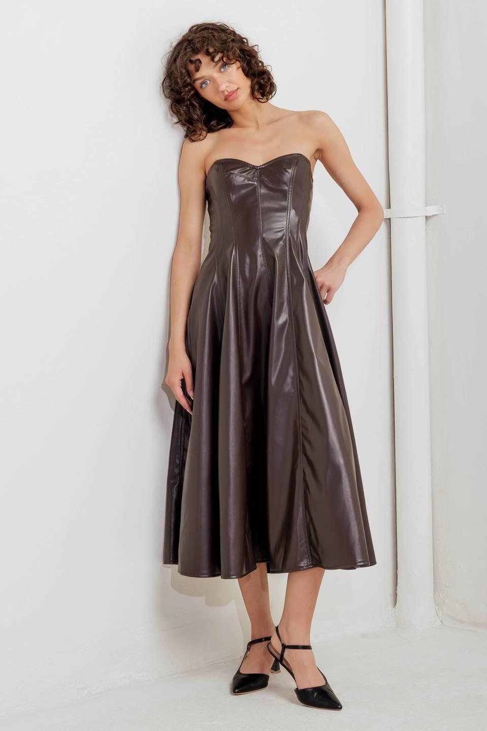 ESPRESSO DIVA FAUX LEATHER MIDI DRESS - Glamourous Grace