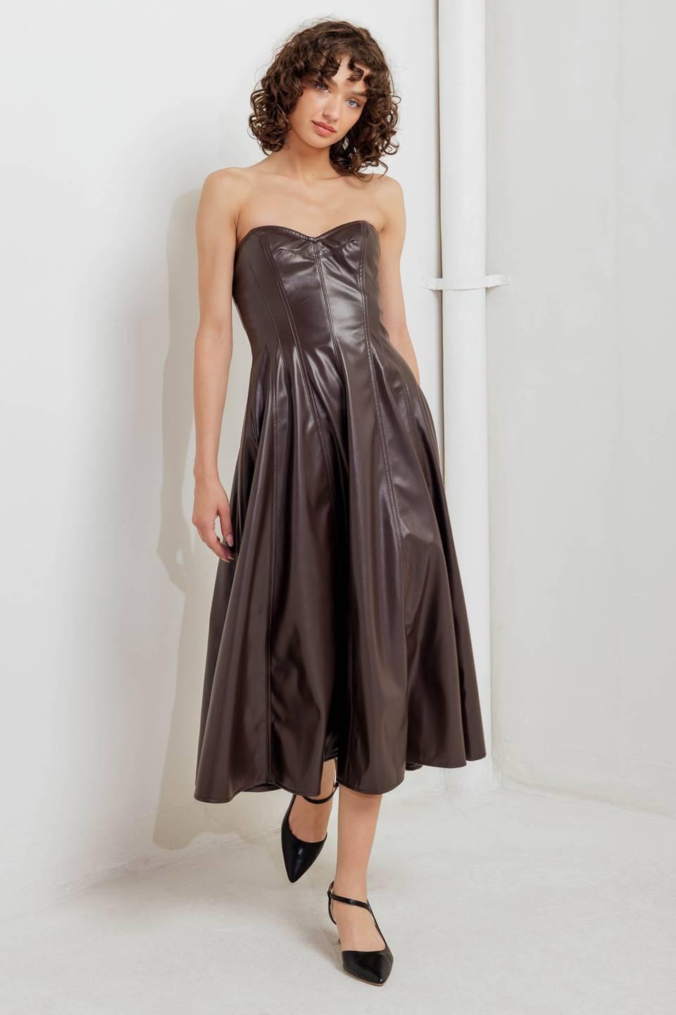 ESPRESSO DIVA FAUX LEATHER MIDI DRESS - Glamourous Grace