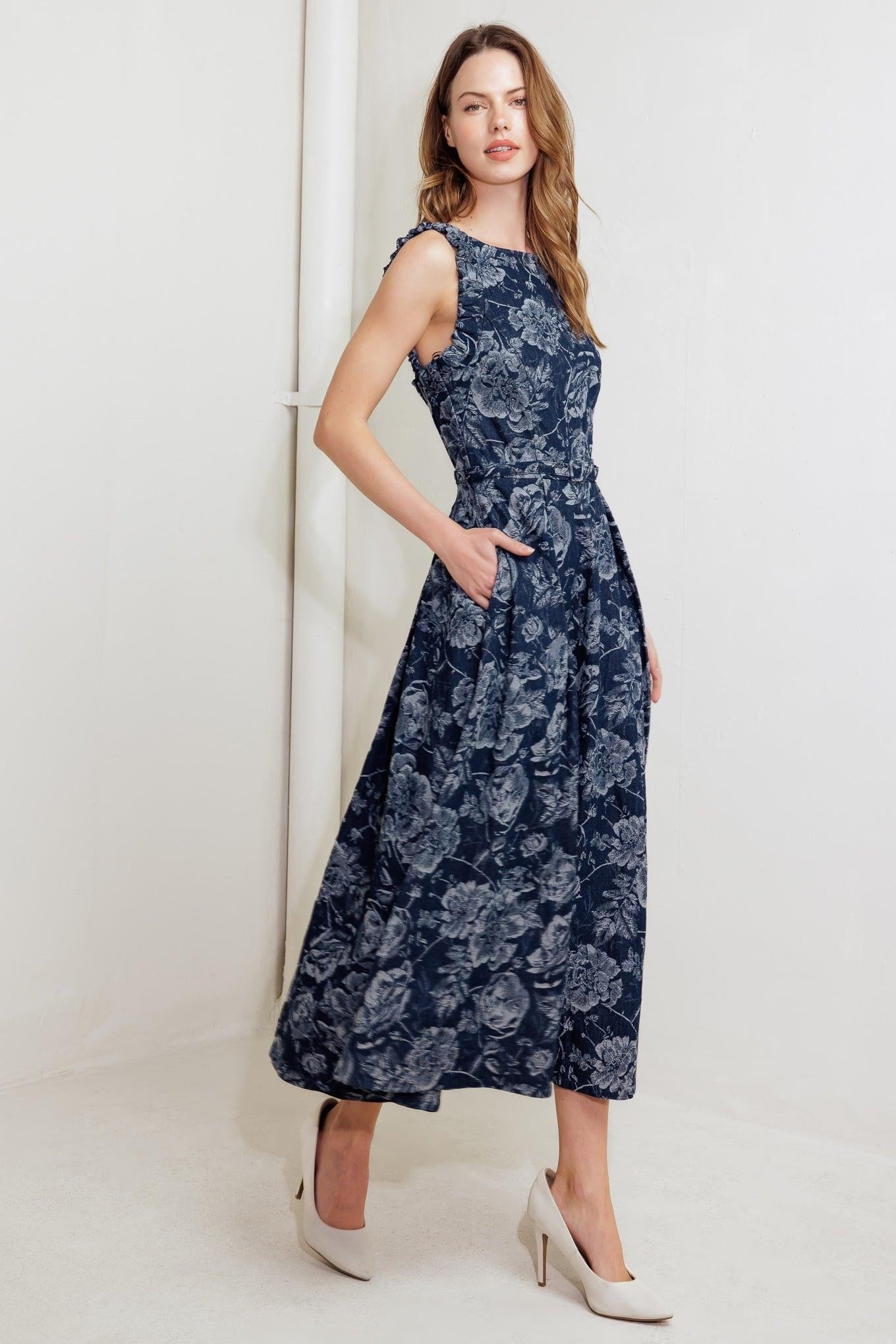 DUSK ROSE WOVEN DENIM MIDI DRESS - Glamourous Grace