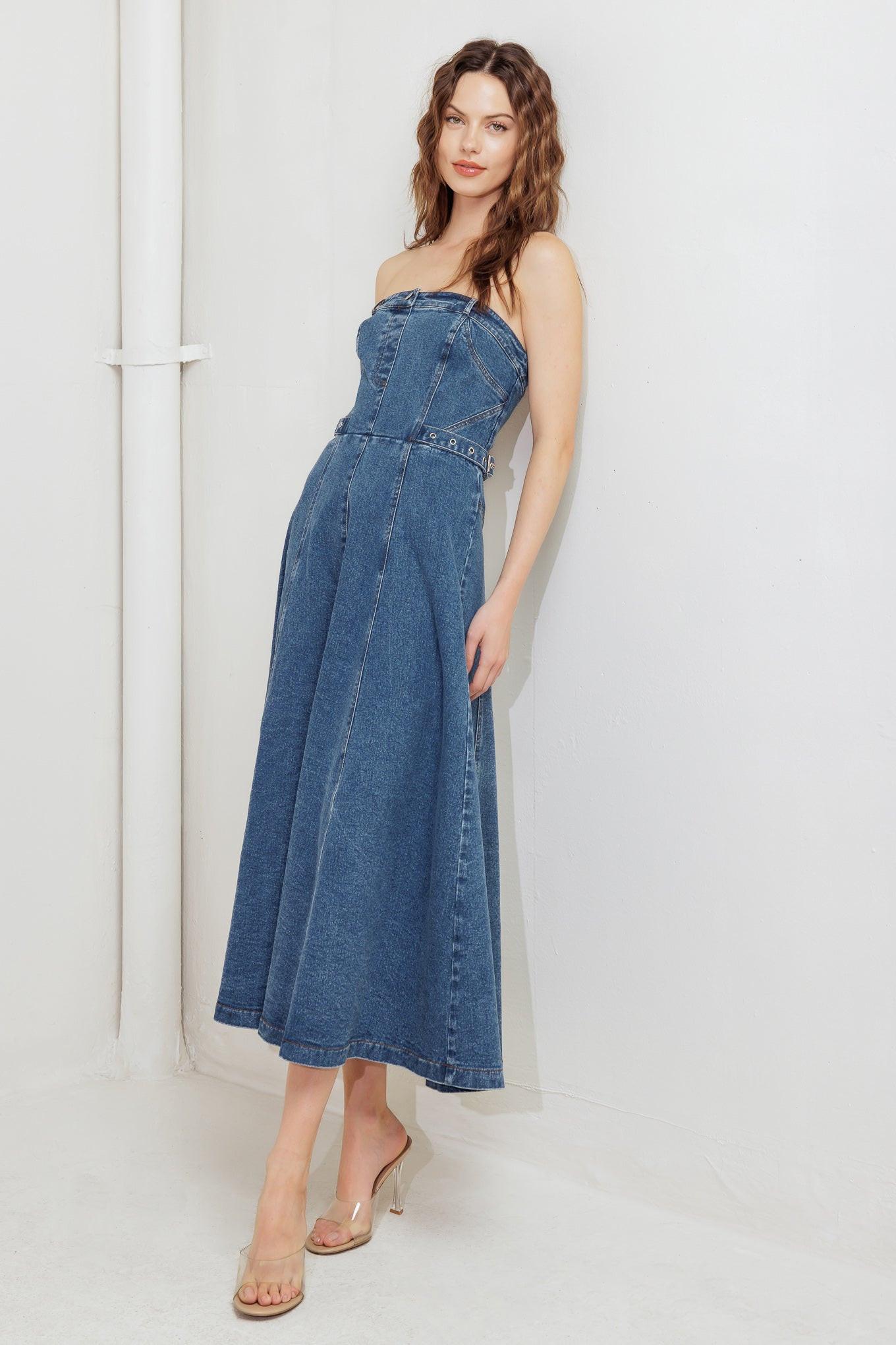 MIDNIGHT STRUCTURE DENIM MIDI DRESS - Glamourous Grace